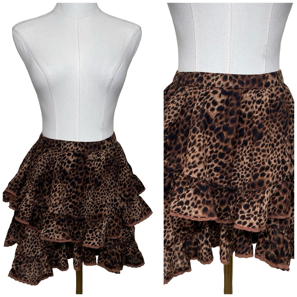 Aerie Leopard Print Rock N Ruffle Skort S Brown Tiered Lace Trim‎ Mini Skirt